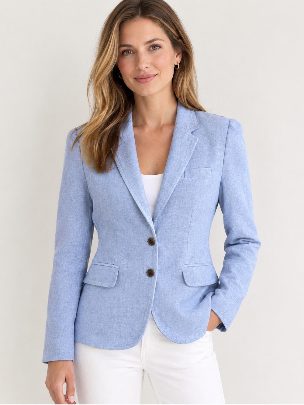 J.Crew Women’s Blue Linen Cotton Collared Blazer Button Front Lined Pockets